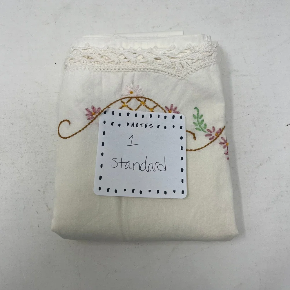 VTG Hand Embroidered Floral Pillowcase White Cotton Crochet Lace Trim Standard